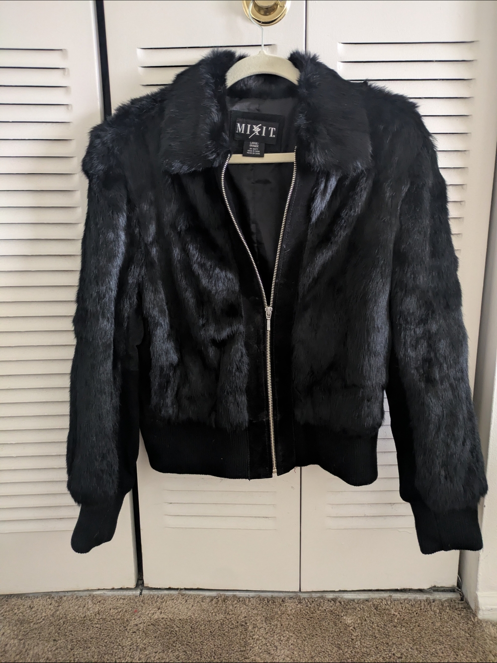 Mixit Black Rabbit Fur And Suede Zip-Up Bomber Jacket Size L